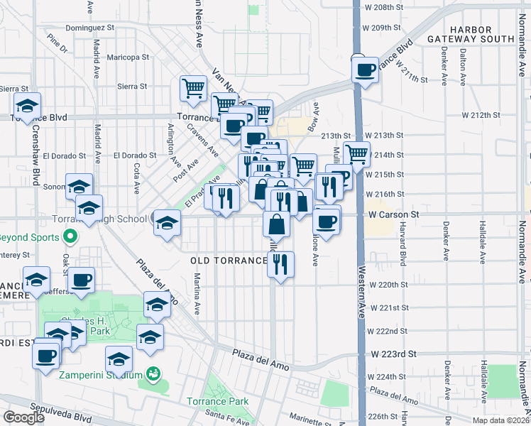 map of restaurants, bars, coffee shops, grocery stores, and more near 1911 West Carson Street in Torrance