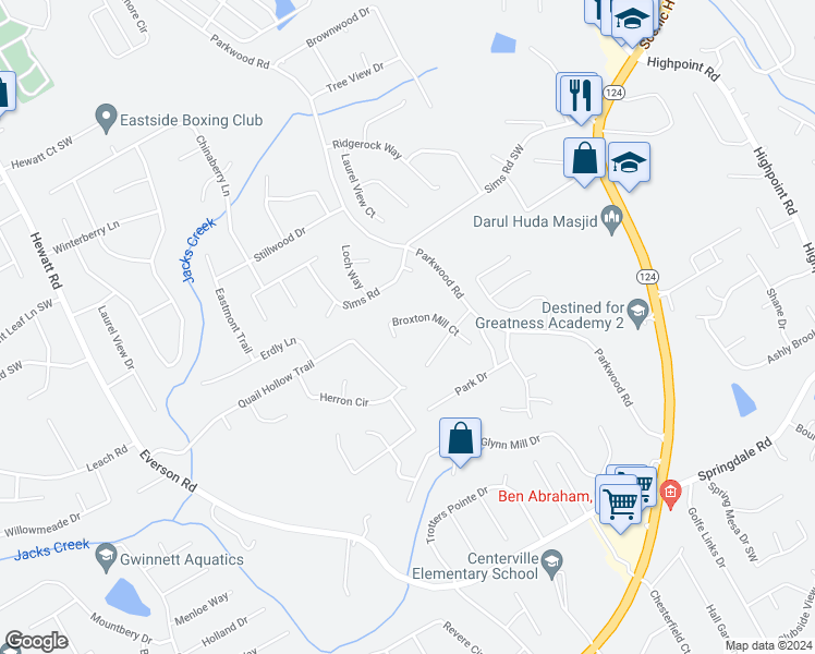 map of restaurants, bars, coffee shops, grocery stores, and more near 2791 Broxton Mill Court in Snellville