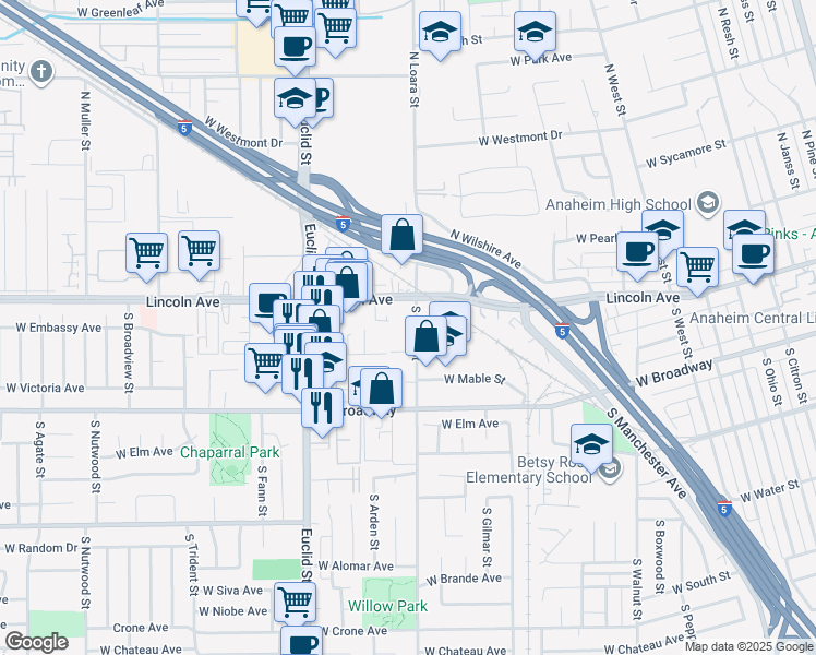 map of restaurants, bars, coffee shops, grocery stores, and more near 167 South Loara Street in Anaheim
