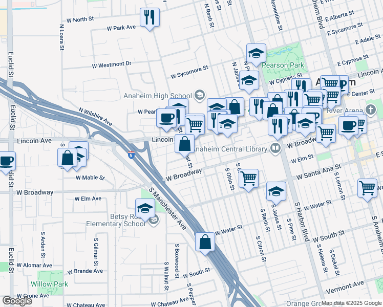 map of restaurants, bars, coffee shops, grocery stores, and more near 203 South West Street in Anaheim