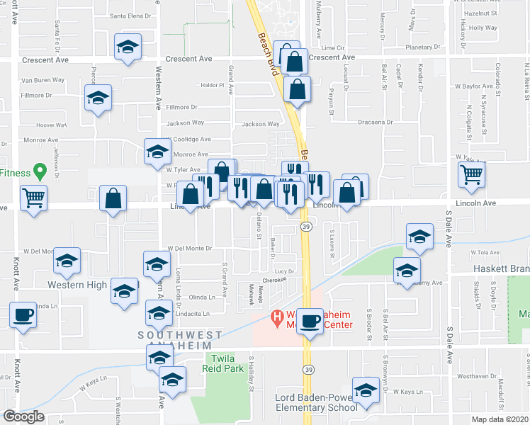 map of restaurants, bars, coffee shops, grocery stores, and more near 118 Delano Street in Anaheim