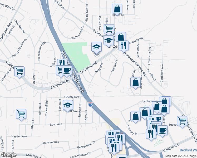 map of restaurants, bars, coffee shops, grocery stores, and more near 19864 Katy Way in Corona