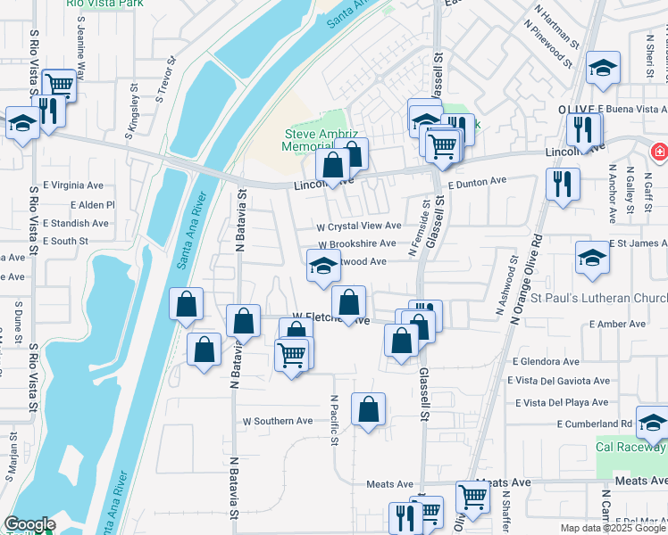 map of restaurants, bars, coffee shops, grocery stores, and more near 524 North Pampas Street in Orange