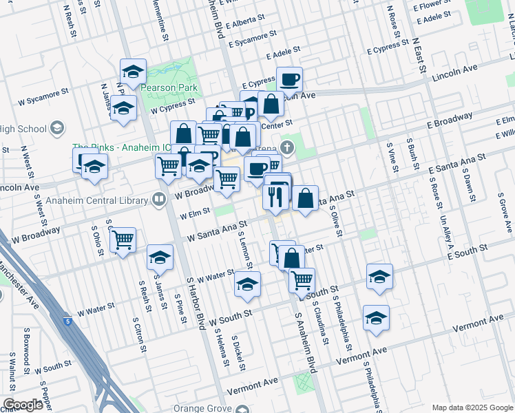 map of restaurants, bars, coffee shops, grocery stores, and more near 425 South Anaheim Boulevard in Anaheim