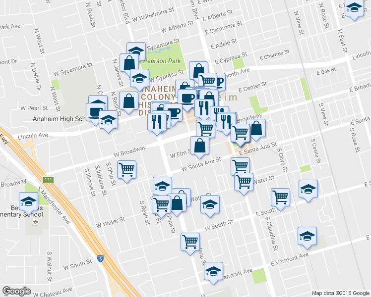 map of restaurants, bars, coffee shops, grocery stores, and more near 415 South Clementine Street in Anaheim