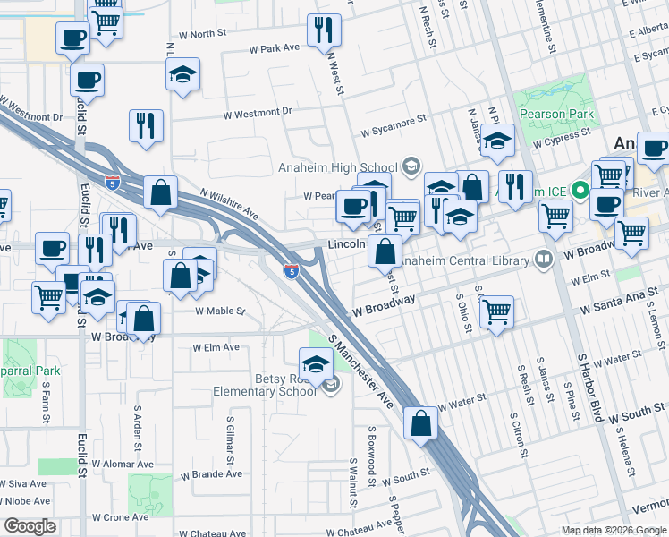 map of restaurants, bars, coffee shops, grocery stores, and more near 1224 West Center Street in Anaheim
