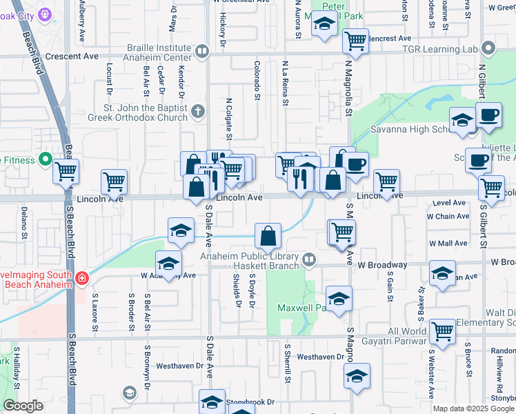 map of restaurants, bars, coffee shops, grocery stores, and more near 2720 West Lincoln Avenue in Anaheim