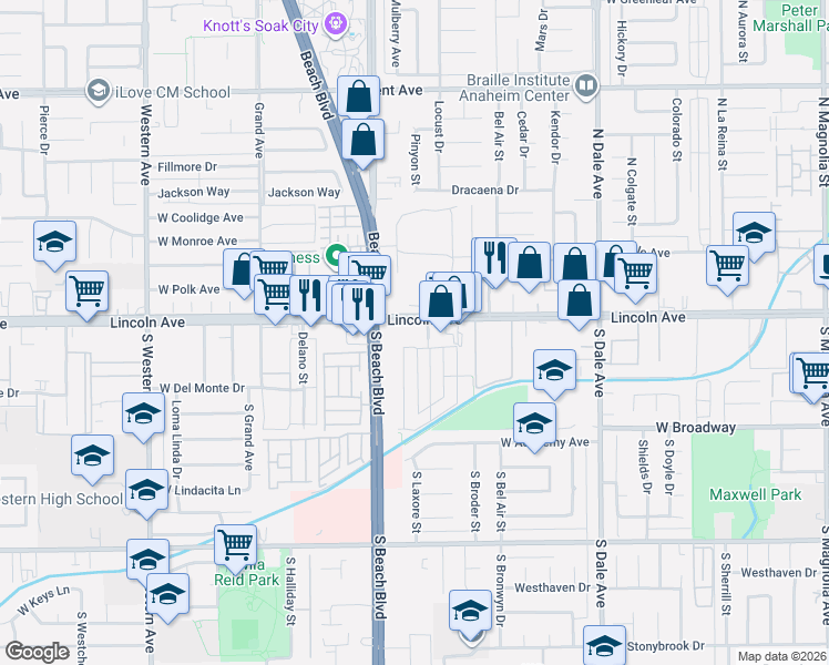 map of restaurants, bars, coffee shops, grocery stores, and more near 124 South Laxore Street in Anaheim