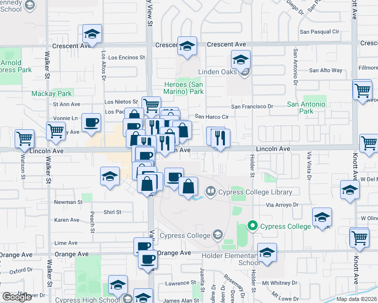 map of restaurants, bars, coffee shops, grocery stores, and more near 6211 Lantana Way in Cypress
