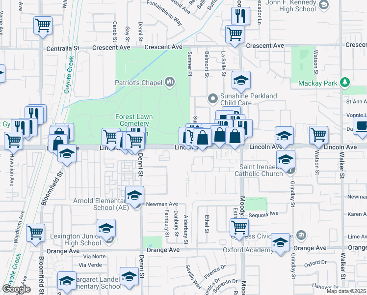 map of restaurants, bars, coffee shops, grocery stores, and more near 9040 Kalani Street in Cypress