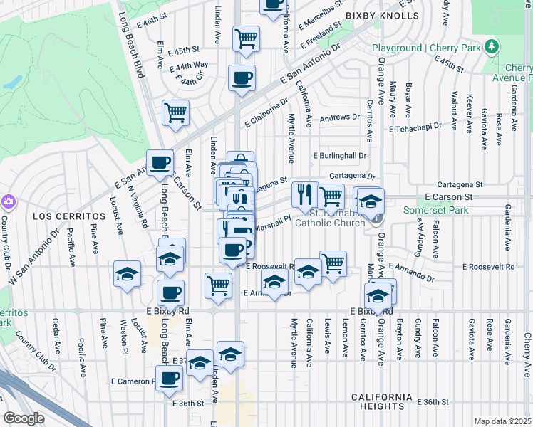 map of restaurants, bars, coffee shops, grocery stores, and more near 715 East Marshall Place in Long Beach