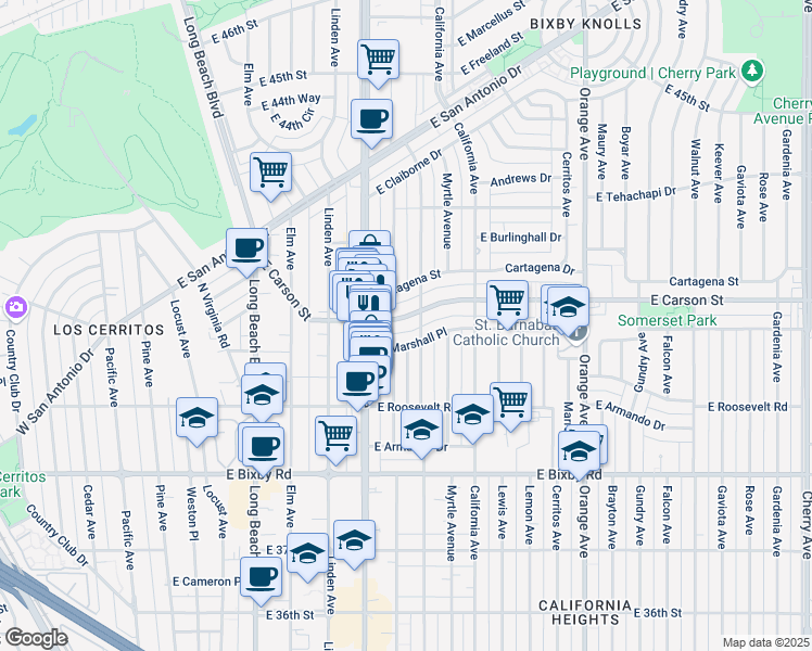 map of restaurants, bars, coffee shops, grocery stores, and more near 715 East Marshall Place in Long Beach