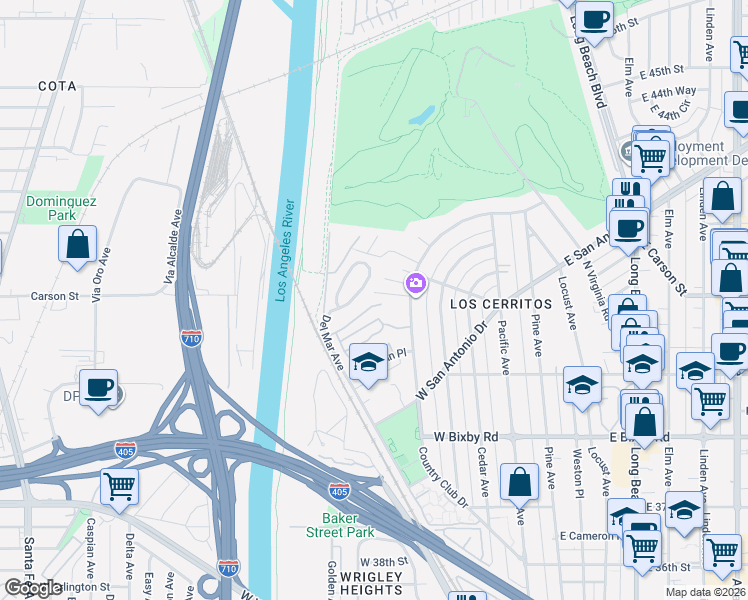 map of restaurants, bars, coffee shops, grocery stores, and more near 4107 North Country Club Drive in Long Beach