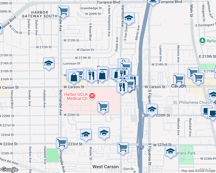 map of restaurants, bars, coffee shops, grocery stores, and more near 1000 West Carson Street in Torrance