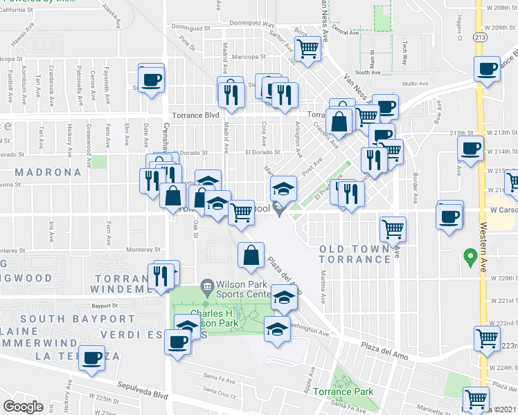 map of restaurants, bars, coffee shops, grocery stores, and more near 2300 West Carson Street in Torrance