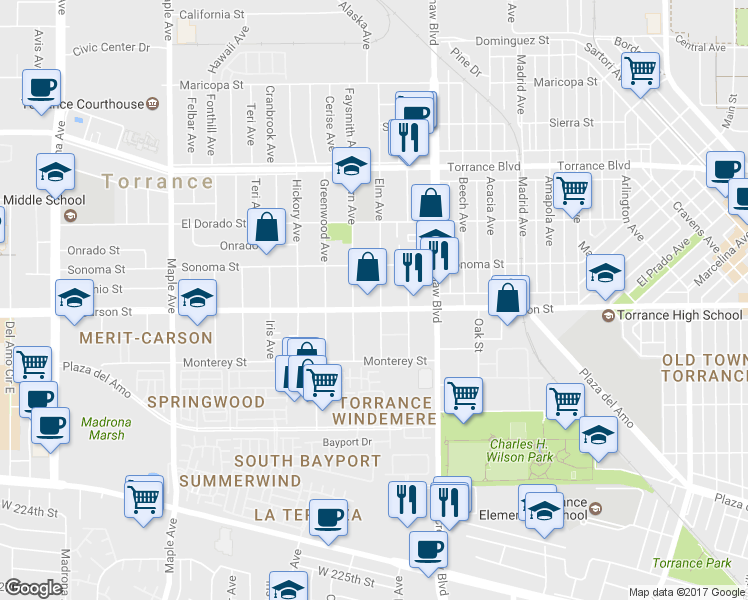 map of restaurants, bars, coffee shops, grocery stores, and more near 1714 Fern Avenue in Torrance