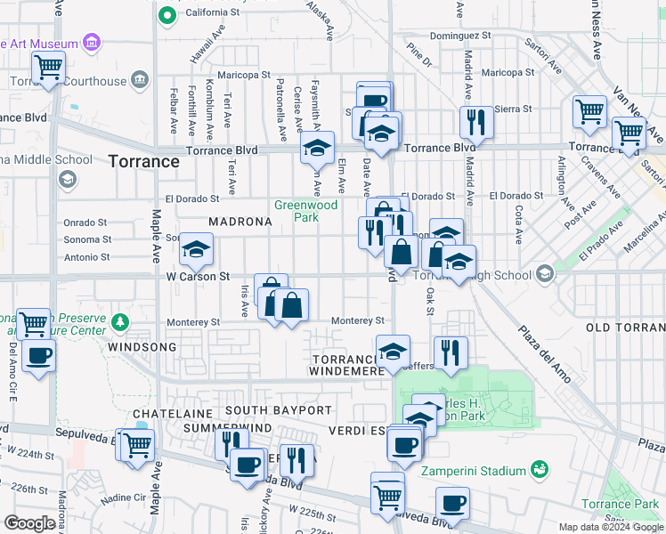 map of restaurants, bars, coffee shops, grocery stores, and more near 1714 Fern Avenue in Torrance