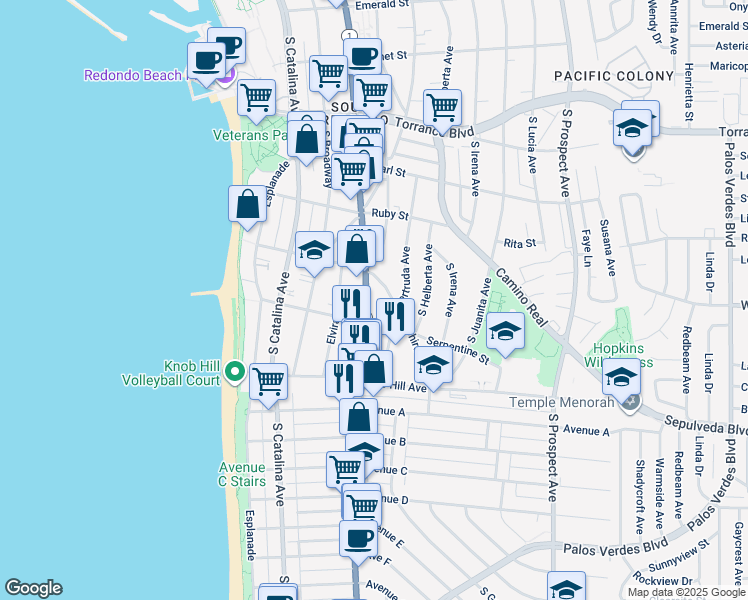 map of restaurants, bars, coffee shops, grocery stores, and more near 624 South Pacific Coast Highway in Redondo Beach
