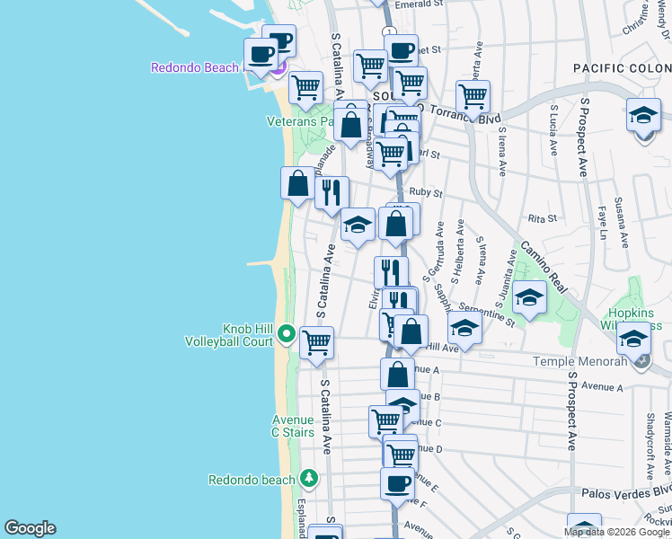 map of restaurants, bars, coffee shops, grocery stores, and more near 702 South Broadway in Redondo Beach