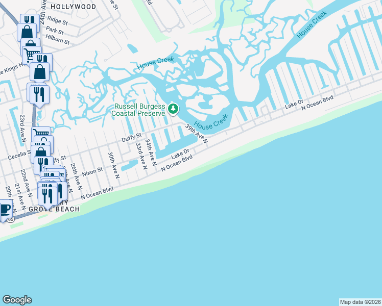 map of restaurants, bars, coffee shops, grocery stores, and more near 3704 North Ocean Boulevard in North Myrtle Beach