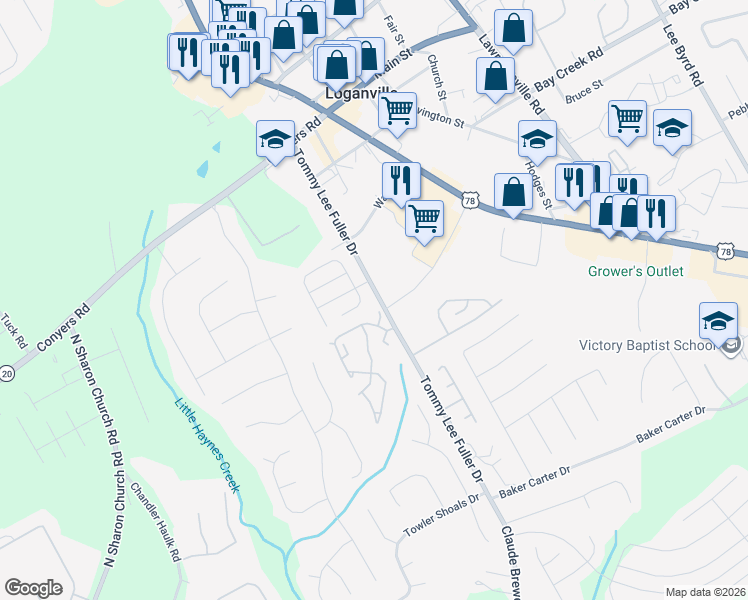 map of restaurants, bars, coffee shops, grocery stores, and more near 964 Village View Circle in Loganville