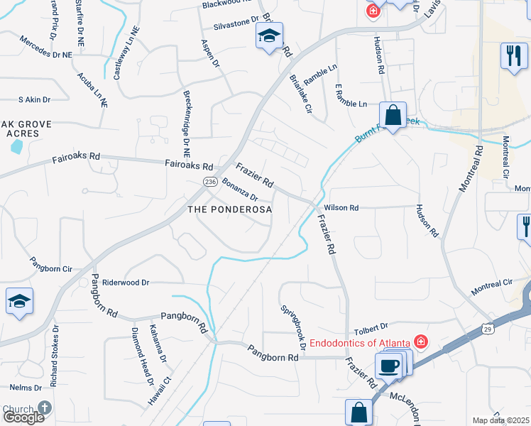 map of restaurants, bars, coffee shops, grocery stores, and more near 2972 Ponderosa Circle in Decatur