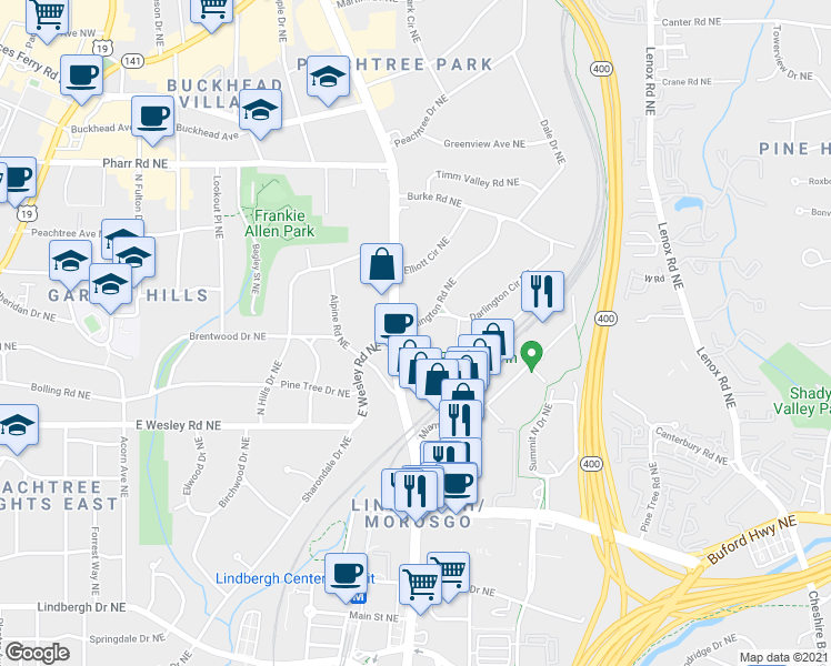map of restaurants, bars, coffee shops, grocery stores, and more near 611 Darlington Road Northeast in Atlanta