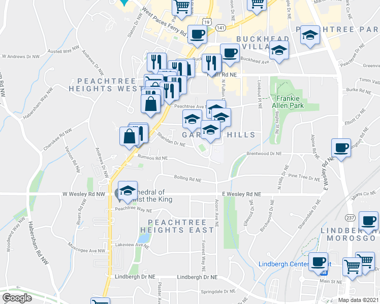 map of restaurants, bars, coffee shops, grocery stores, and more near 190 Rumson Road Northeast in Atlanta