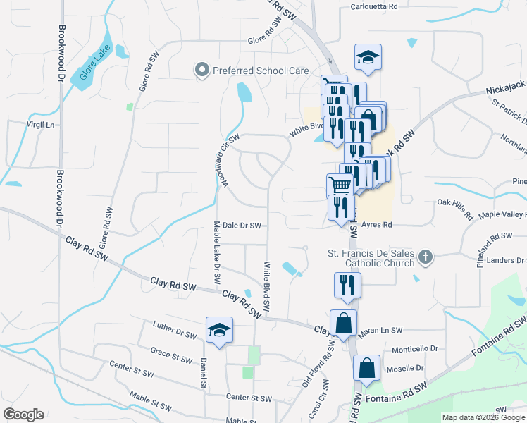 map of restaurants, bars, coffee shops, grocery stores, and more near 960 Dale Drive Southwest in Mableton