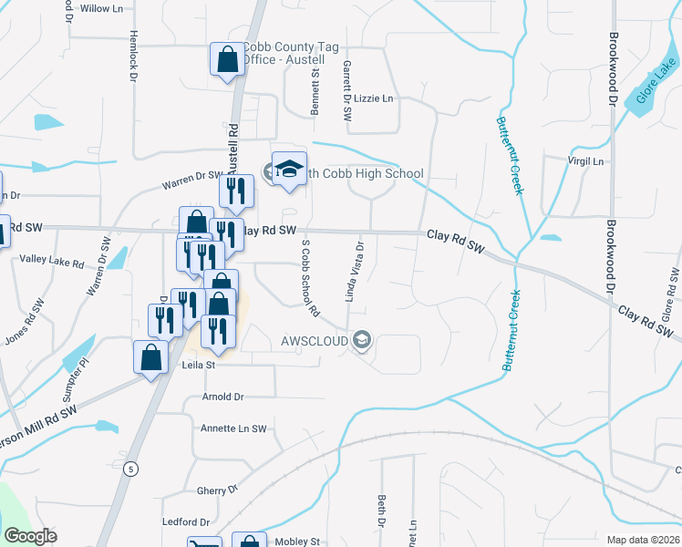 map of restaurants, bars, coffee shops, grocery stores, and more near 5036 Linda Vista Drive in Mableton