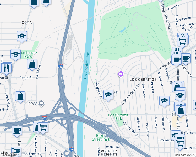 map of restaurants, bars, coffee shops, grocery stores, and more near 4194 Del Mar Avenue in Long Beach