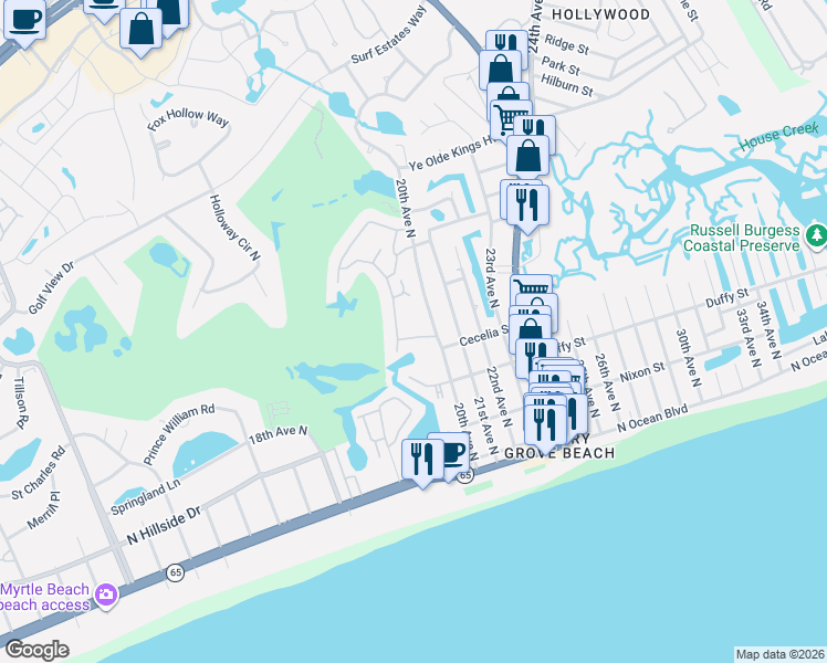 map of restaurants, bars, coffee shops, grocery stores, and more near 1900J Duffy Street in North Myrtle Beach