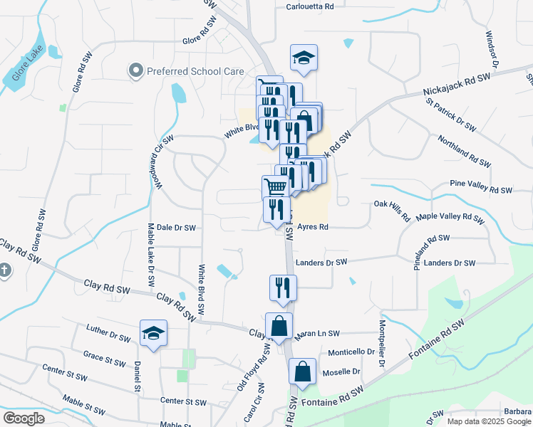 map of restaurants, bars, coffee shops, grocery stores, and more near 895 Patterns Drive in Mableton