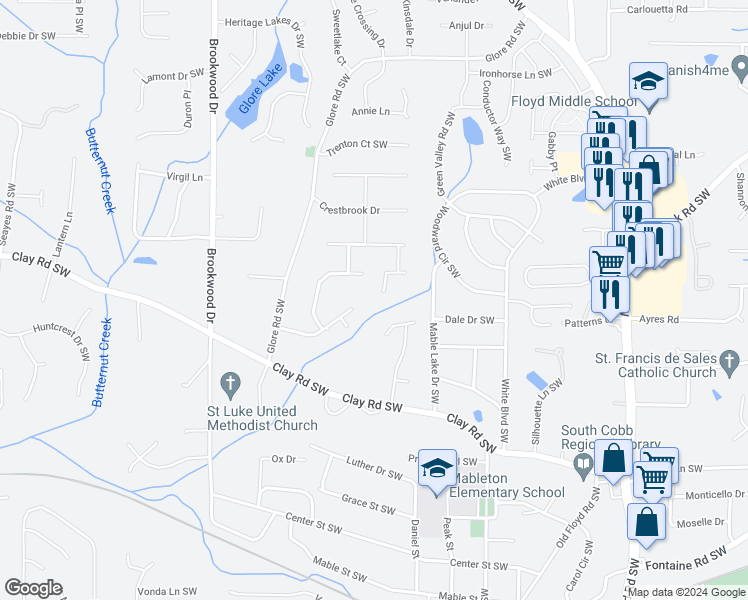 map of restaurants, bars, coffee shops, grocery stores, and more near 1060 Retner Drive Southwest in Mableton