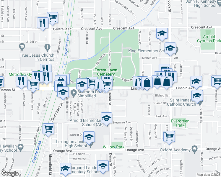 map of restaurants, bars, coffee shops, grocery stores, and more near Lincoln Ave & Denni St in Cypress