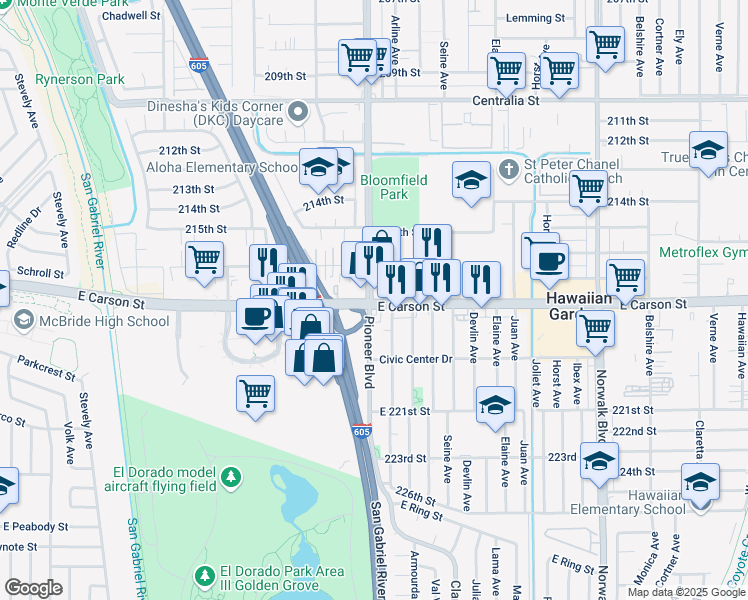 map of restaurants, bars, coffee shops, grocery stores, and more near 11803 East Carson Street in Hawaiian Gardens