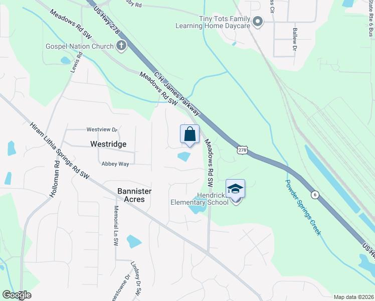 map of restaurants, bars, coffee shops, grocery stores, and more near 2275 Worthington Drive in Powder Springs
