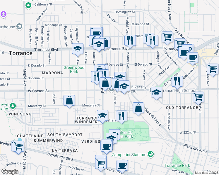 map of restaurants, bars, coffee shops, grocery stores, and more near 1645 Beech Avenue in Torrance