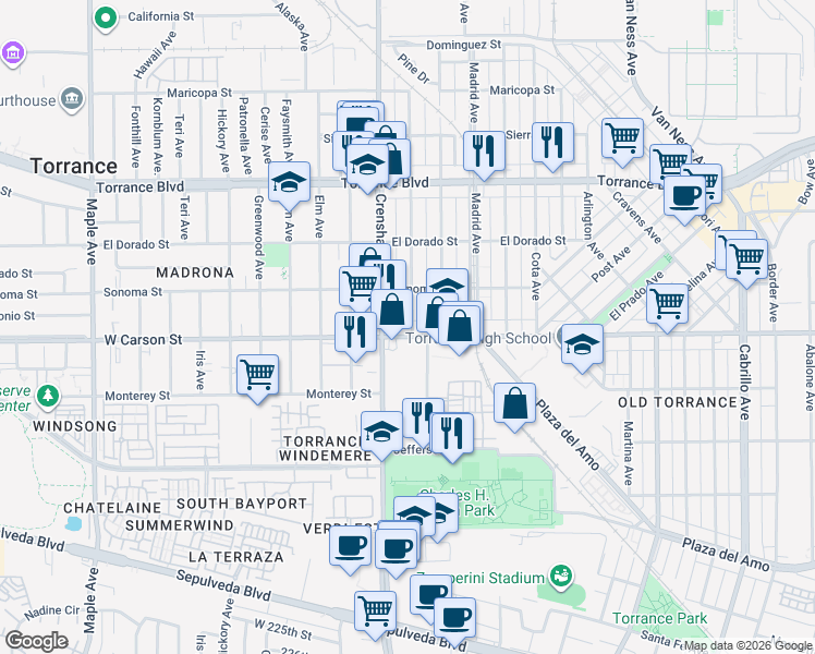 map of restaurants, bars, coffee shops, grocery stores, and more near 1645 Beech Avenue in Torrance