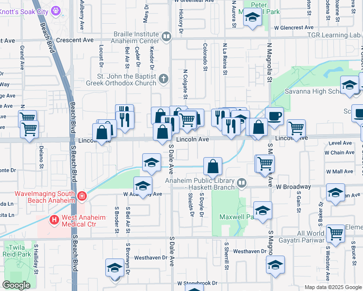 map of restaurants, bars, coffee shops, grocery stores, and more near 2770 West Lincoln Avenue in Anaheim