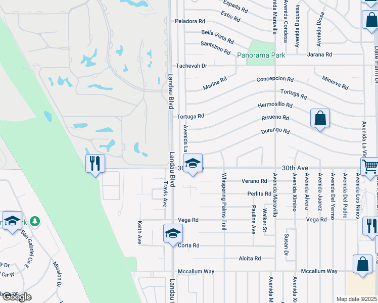 map of restaurants, bars, coffee shops, grocery stores, and more near 68070 Durango Road in Cathedral City