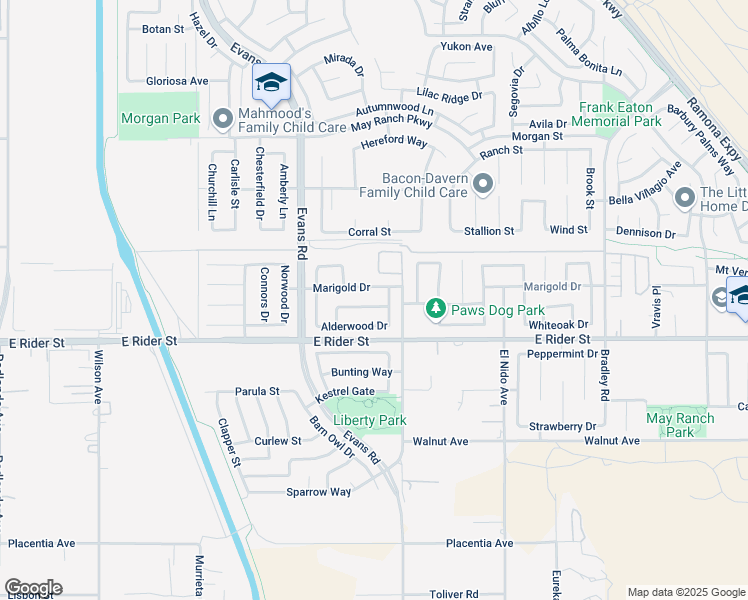 map of restaurants, bars, coffee shops, grocery stores, and more near 1134 Bluestem Trail in Perris