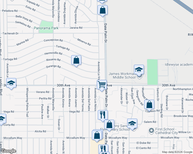 map of restaurants, bars, coffee shops, grocery stores, and more near 68930 30th Avenue in Cathedral City