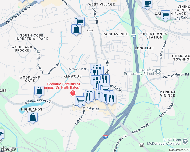 map of restaurants, bars, coffee shops, grocery stores, and more near 4924 Cobb Crossing Southeast in Smyrna