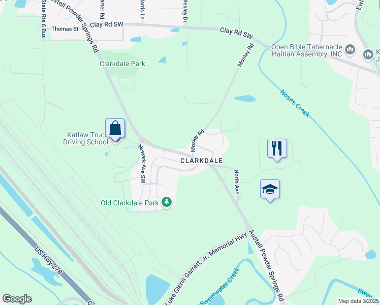 map of restaurants, bars, coffee shops, grocery stores, and more near 5077 Austell Powder Springs Road in Austell