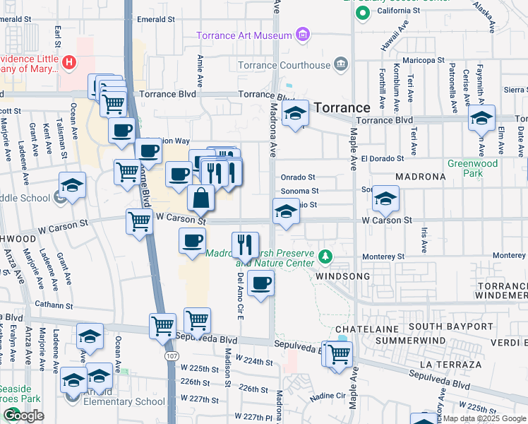 map of restaurants, bars, coffee shops, grocery stores, and more near 3405 West Carson Street in Torrance