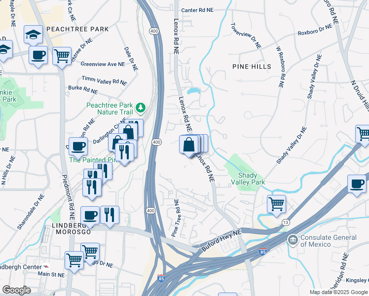 map of restaurants, bars, coffee shops, grocery stores, and more near 2832 Lenox Road Northeast in Atlanta