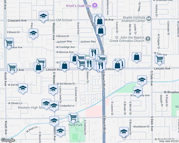 map of restaurants, bars, coffee shops, grocery stores, and more near 3050 West Lincoln Avenue in Anaheim