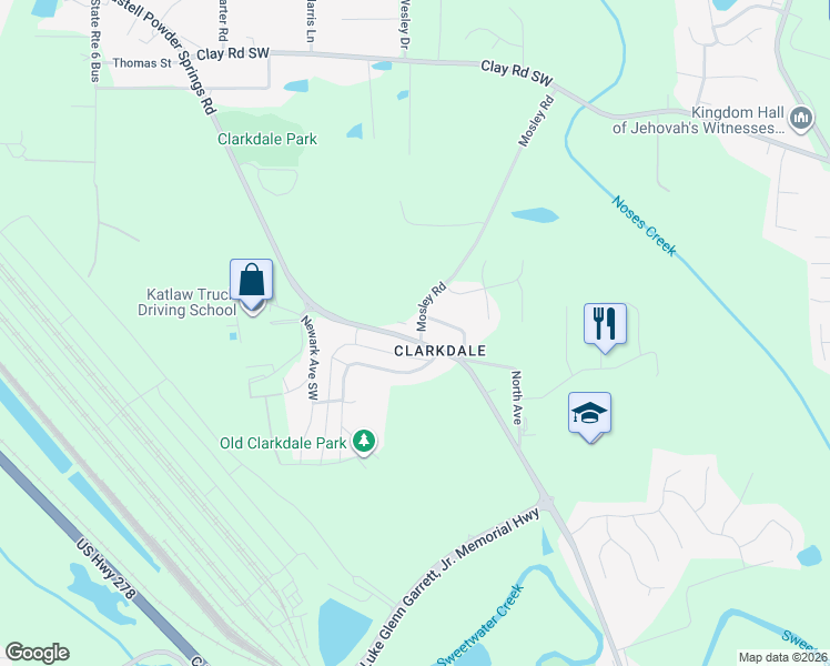 map of restaurants, bars, coffee shops, grocery stores, and more near 5077 Austell Powder Springs Road Southwest in Austell