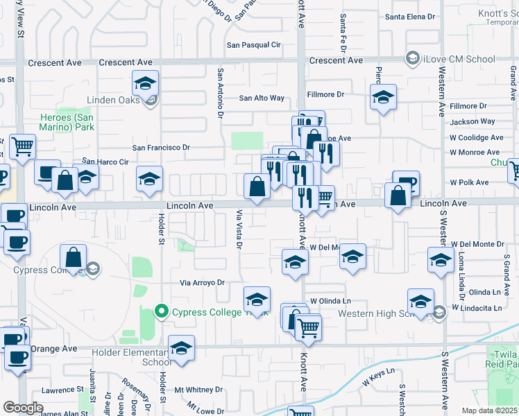 map of restaurants, bars, coffee shops, grocery stores, and more near 806 Lincoln Glen Drive in Buena Park
